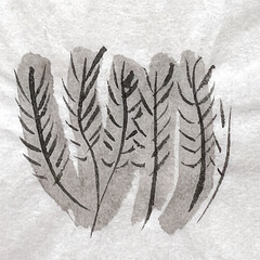 grass swaying in the wind, grass leaves drawn in ink, ink painting brushstroke drawing, washi paper texture background material, brush pen art drawing, washi paper material 