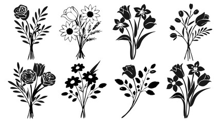 Fototapeta premium Elegant Wildflower Bouquet Vector – Hand-Drawn Black Floral Silhouette on White Background