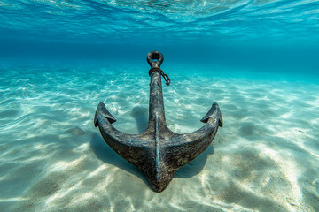 A covered anchor rests on the sandy seabed beneath crystal-clear water, surrounded by light blue and white, illuminated by sunlight filtering through the surface.
