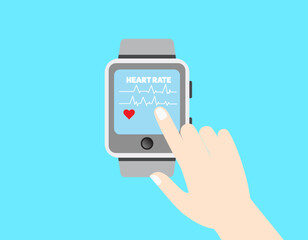 A hand taps a smartwatch displaying 