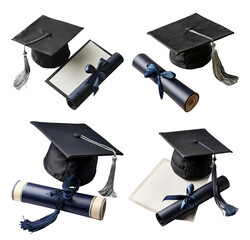 Graduation Caps and Diplomas with Elegant Ties on Transparent Background