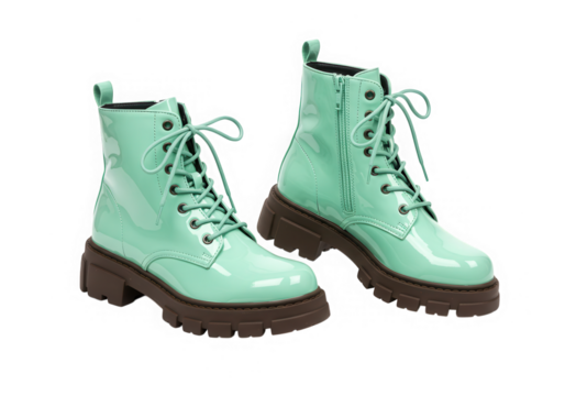 Pair of mint green ankle boots isolated on transparent background