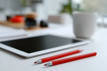 Creative workspace with digital tablet and drawing pens