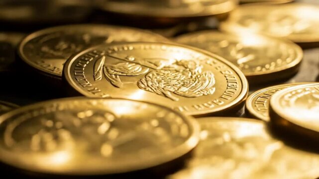 Close-up of Shiny Gold Krugerrand Coins