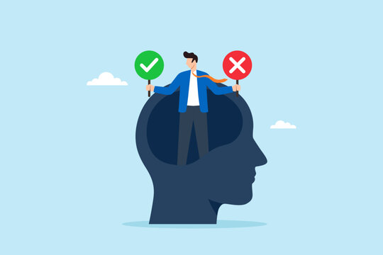 Flat illustration of businessman holding check mark and cross signs inside head silhouette representing internal dilemma decision making and critical thinking