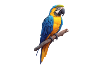 Macaw parrot on a branch isolated on a transparent background