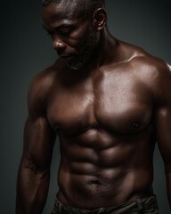 Fototapeta premium Detailed view of defined abdominal muscles on a middle-aged Black man, healthy skin glow, studio lighting with dark background.