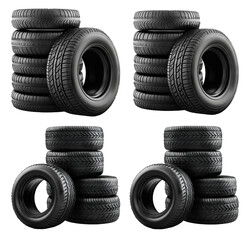 Stacked Black Tires on White Background for Automotive and Industrial Use