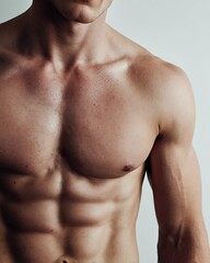 Fototapeta premium Close-up shot of a young Caucasian man’s toned abs with natural shadows, minimal oil sheen, clean studio background.
