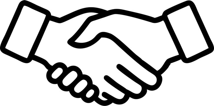 Black vector icons illustration of a handshake with two hands clasped together indicating agreement or partnership in black outline