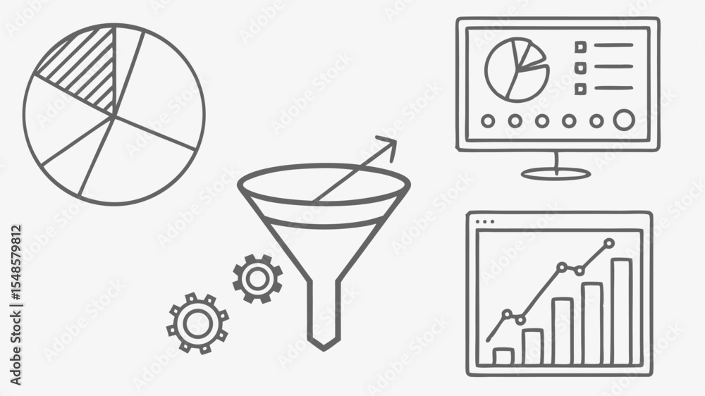 Poster black vector icons illustration showing a pie chart, funnel with gears, a monitor with a graph, and 
