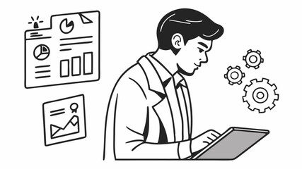 Black vector icons man analyzing data on tablet with charts gears and graphs in a minimalist black and white illustration