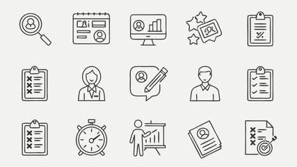 Black vector icons illustration showing human resources related icons including recruitment, performance review and scheduling