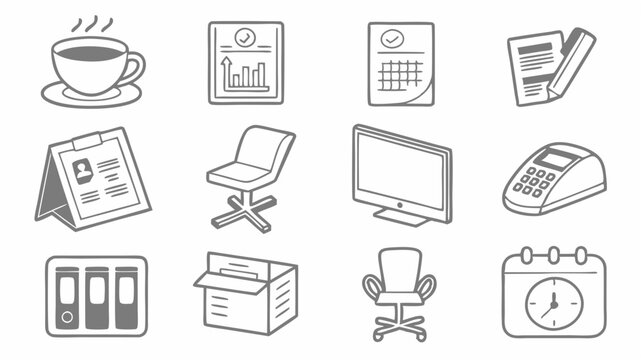 Black vector icons illustration of office supplies including a coffee cup, calendars, chairs, and other office equipment items