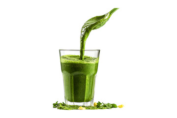 Green smoothie pouring into glass isolated on a transparent background