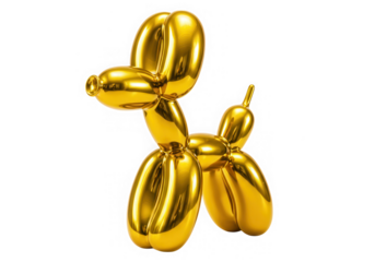 Golden balloon dog sculpture, shiny metallic art isolated on transparent background