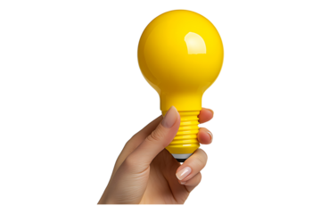 Hand Holding Yellow Lightbulb isolated on a transparent background