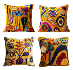 Colorful Decorative Pillows with Modern Artistic Patterns on Bright Background
