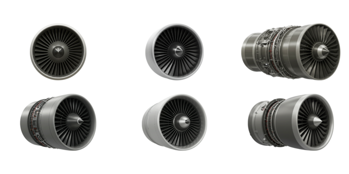 Precision Engineering: Close-up shot of a complex jet engine, showcasing intricate details, and industrial components against a neutral backdrop.