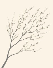 Obraz premium Minimalist drawing of a slender tree branch with delicate leaves on a light beige background.