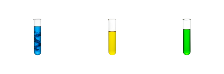 Test Tubes with Colored Liquids: Three test tubes filled with vibrant blue, yellow, and green liquids against a clean backdrop.  A captivating image for scientific or experimental contexts.