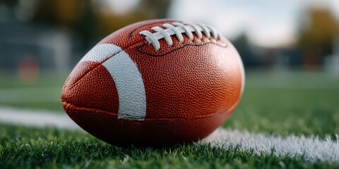 Captivating Closeup Classic American Football, White Laces In Sharp Focus On Vibrant Green Grass Crisp White Yard Line And Blurred Stadium Background Define This Iconic Field Scene