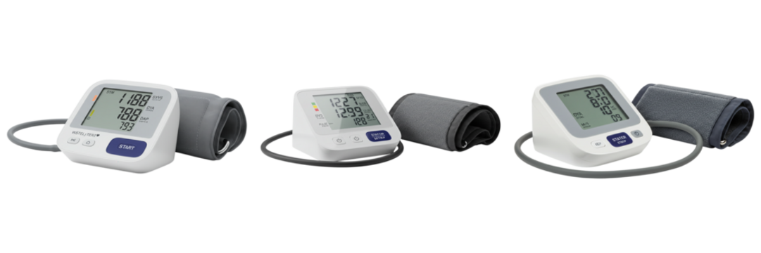 Blood Pressure Monitor: A professional shot of three digital blood pressure monitors, each meticulously displaying its readings.