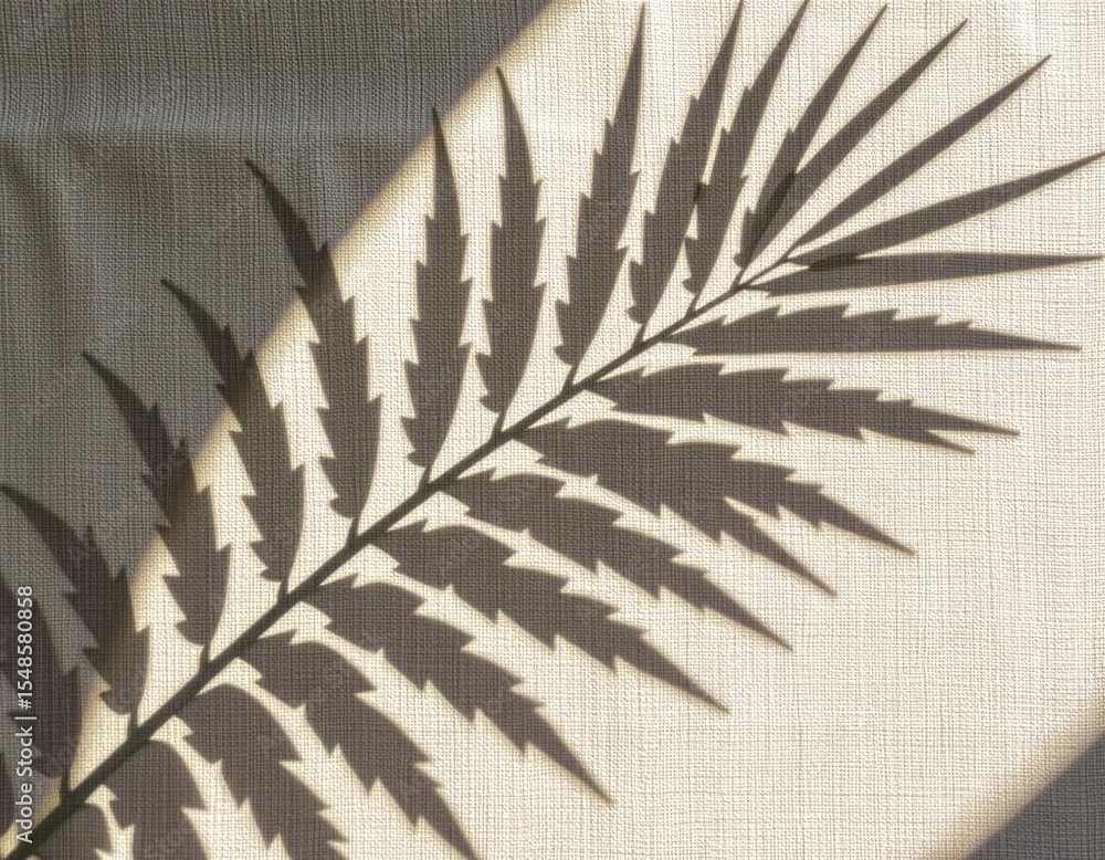 Poster shadow of a fern leaf cast on a textured fabric surface, creating a natural and artistic pattern wit