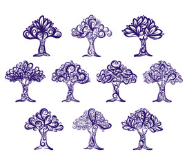Elegant illustration set of abstract trees with intricate filigree patterns. Includes swirling branches and leaves Perfect for decorative design, nature inspired art, and spiritual or seasonal themes.