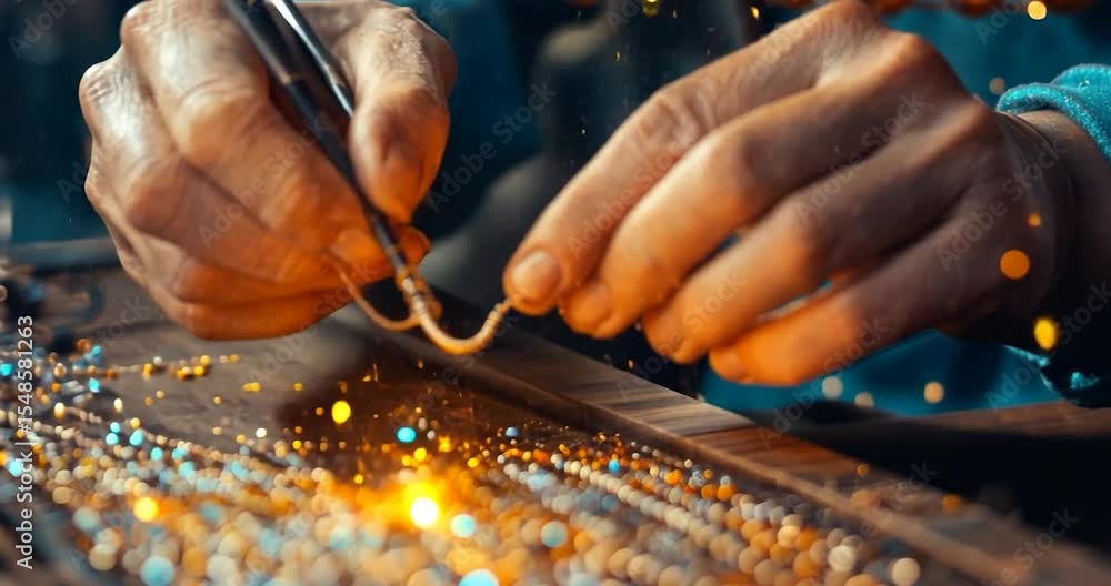 Poster close-up of hands meticulously crafting intricate wire details onto a sparkling beaded surface, crea