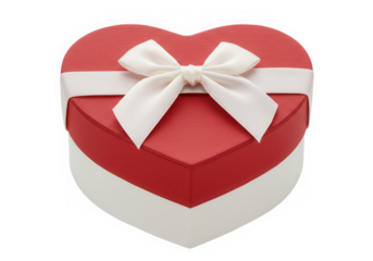 Red heart shaped gift box with white ribbon isolated on transparent background