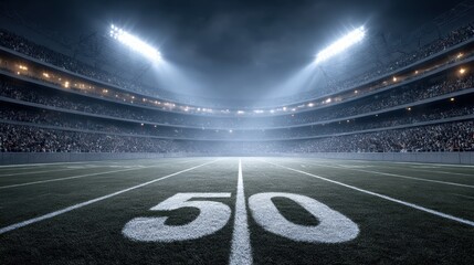 Dramatic Night View Of Major Football Stadium, Showcasing Vibrant Green 50Yard Line And Sprawling Seating This Grand Perspective Captures Electric Atmosphere Of Professional Game, With Every Yard