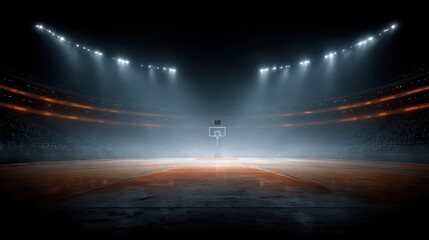 Dramatic Spotlights Illuminate Grand, Empty Stadium Polished, Reflective Midcourt, With White Markings, Leads To Prominent White Backboard And Red Rim Hoop, Awaiting Action