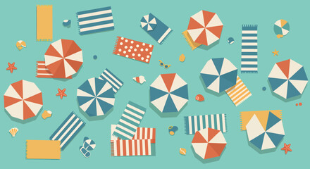 Obraz premium Beach Scene with Umbrellas Towels Seashells Starfish and Sunglasses Flat Lay.