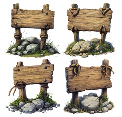 Rustic Wooden Signboards with Stones and Grass in Four Unique Designs