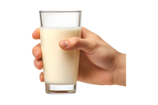 Holding a glass of milk in hand isolated on a transparent background