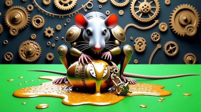 Steampunk Rat with Golden Gear Mechanism and Molten Gold