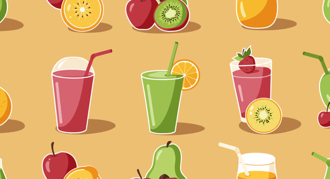Colorful Fruit and Juice Pattern Apples Oranges Kiwi Strawberries Pears and Refreshing Drinks.