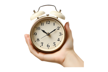 Hand Holding Alarm Clock isolated on a transparent background