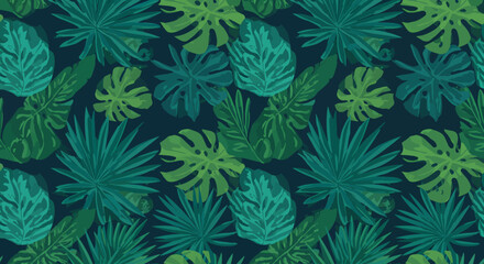 Lush tropical foliage pattern with monstera palm and calathea leaves.