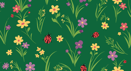 Playful Floral Pattern with Ladybugs and Whimsical Flowers on Green Background.