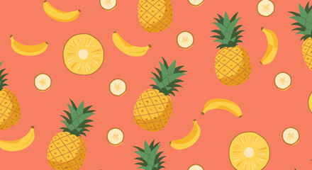 Playful Tropical Fruit Pattern Pineapples Bananas and Banana Slices on Coral.