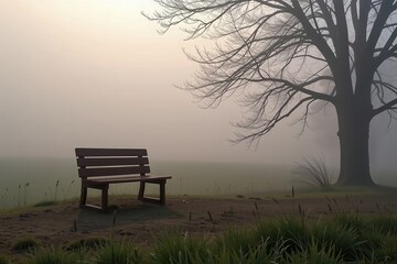 A solitary bench sits near a large tree on a foggy morning, surrounded by grass and a quiet, misty landscape.