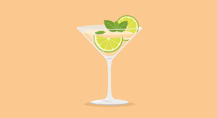 Refreshing Martini Glass with Lime Slices and Mint Leaves Illustration.