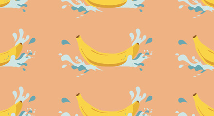 Repeating pattern of yellow bananas with blue water splashes a tropical fruit theme.