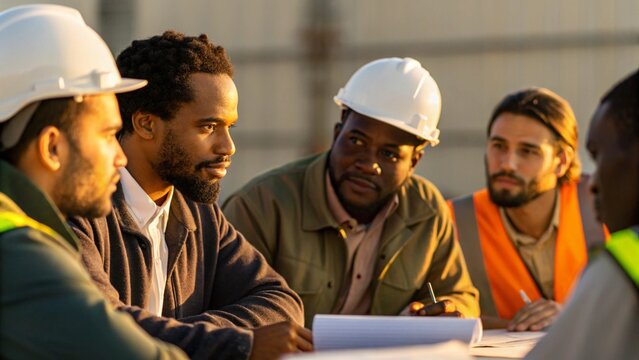Diverse Ethnic Factory Engineers in Morning Briefing Suitable for Teamwork and Industry Visuals