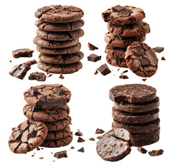 Delicious Chocolate Cookies Stacked with Chunks and Crumbles on a Dark Background