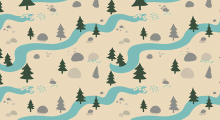 Seamless pattern of stylized pine trees river and rocks on a beige background.
