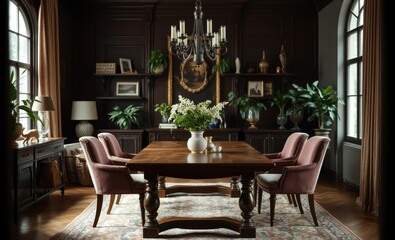 A tastefully designed dining room featuring a handcrafted wooden table plush velvet chairs vibrant greenery and an eclectic array of elegant accessories creates a warm and inviting atmosphere This tem