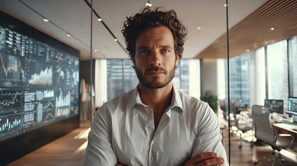 A serious-looking man stands with arms crossed in a modern office, symbolizing a determined, focused mindset. A digital display provides data, reflecting an analytical environment